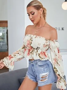 SHEIN Frenchy Top mit gekräuseltem Glockärmeln und Blume Muster - Verschiedenfarbig - Übersicht 4