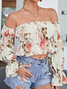SHEIN Frenchy Top mit gekräuseltem Glockärmeln und Blume Muster - Verschiedenfarbig - Übersicht 1