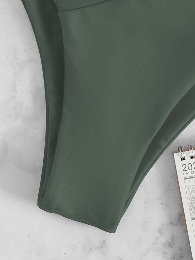 Solid Cheeky Bikini Bottom, For Summer Beach Vacation - Army Green - View 3