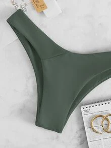 Bottom de bikini tipo "cheeky" de color sólido, para vacaciones de verano en la playa - Verde militar - Ver 5