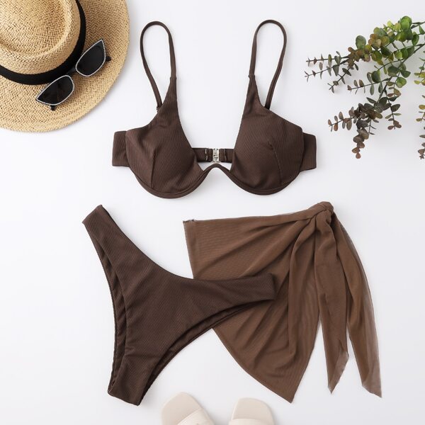 

3pack Rib Underwire Bikini Swimsuit & Beach Skirt, Chocolate brown