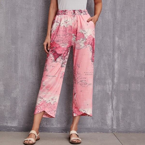 

Map Print Wide Leg Pants, Baby pink