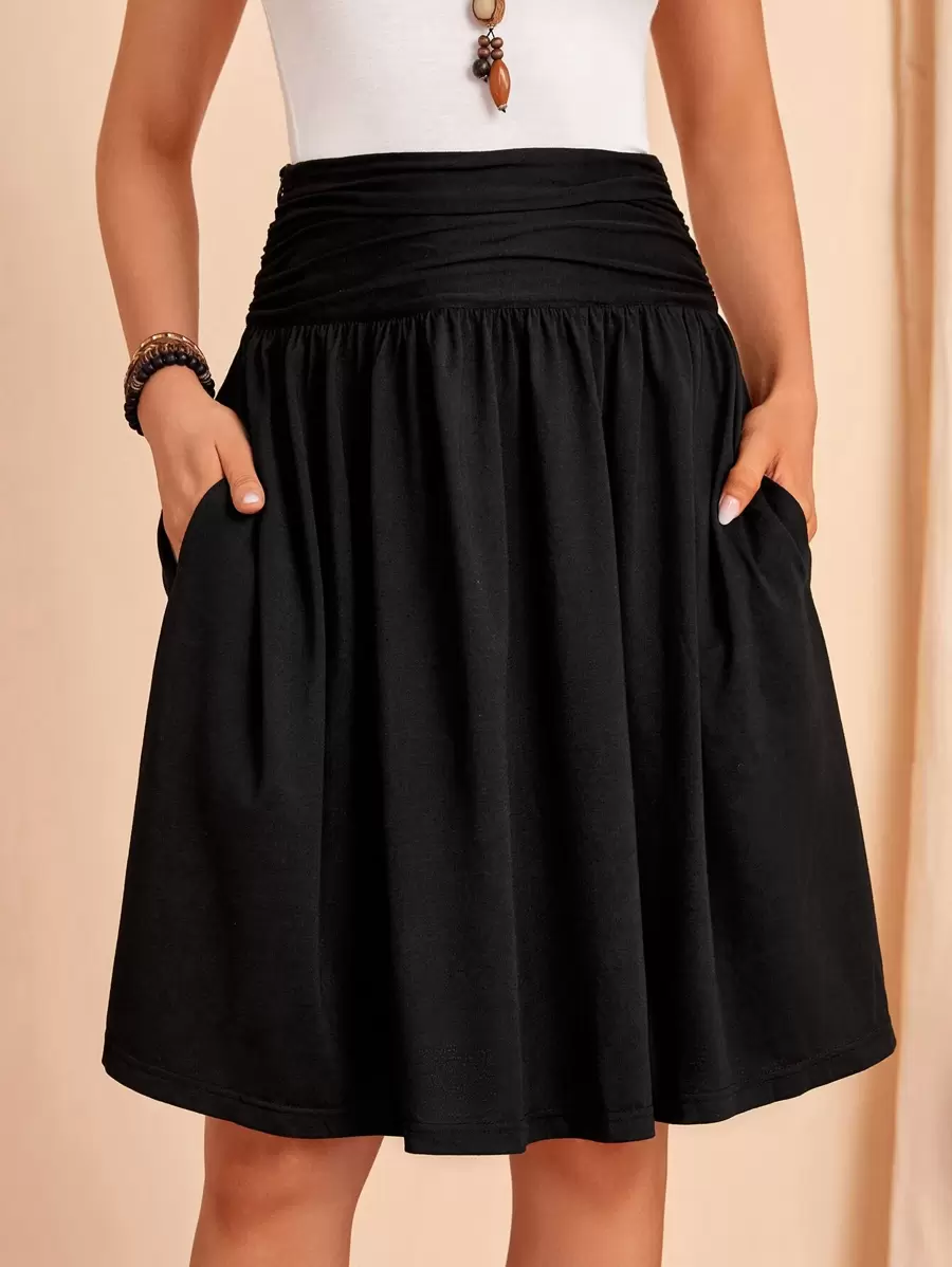 EMERY ROSE Ruched Wideband Waist Hidden Pocket Skirt - Black - View 1
