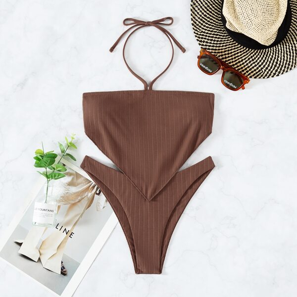 

Rib Hanky Hem Halter Bikini Swimsuit, Coffee brown