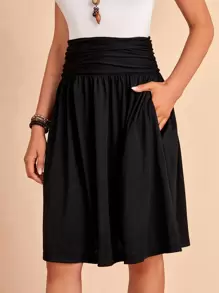 EMERY ROSE Ruched Wideband Waist Hidden Pocket Skirt - Black - View 4