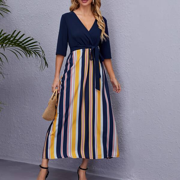 

Striped Tie Front Surplice Front Dress, Multicolor