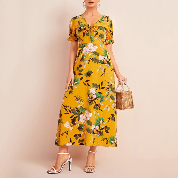 

Floral Flounce Sleeve Tie Front A-line Dress, Yellow