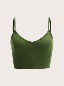 SHEIN EZwear 素色羅紋針織吊帶上衣 - 軍綠色 - 查看 1