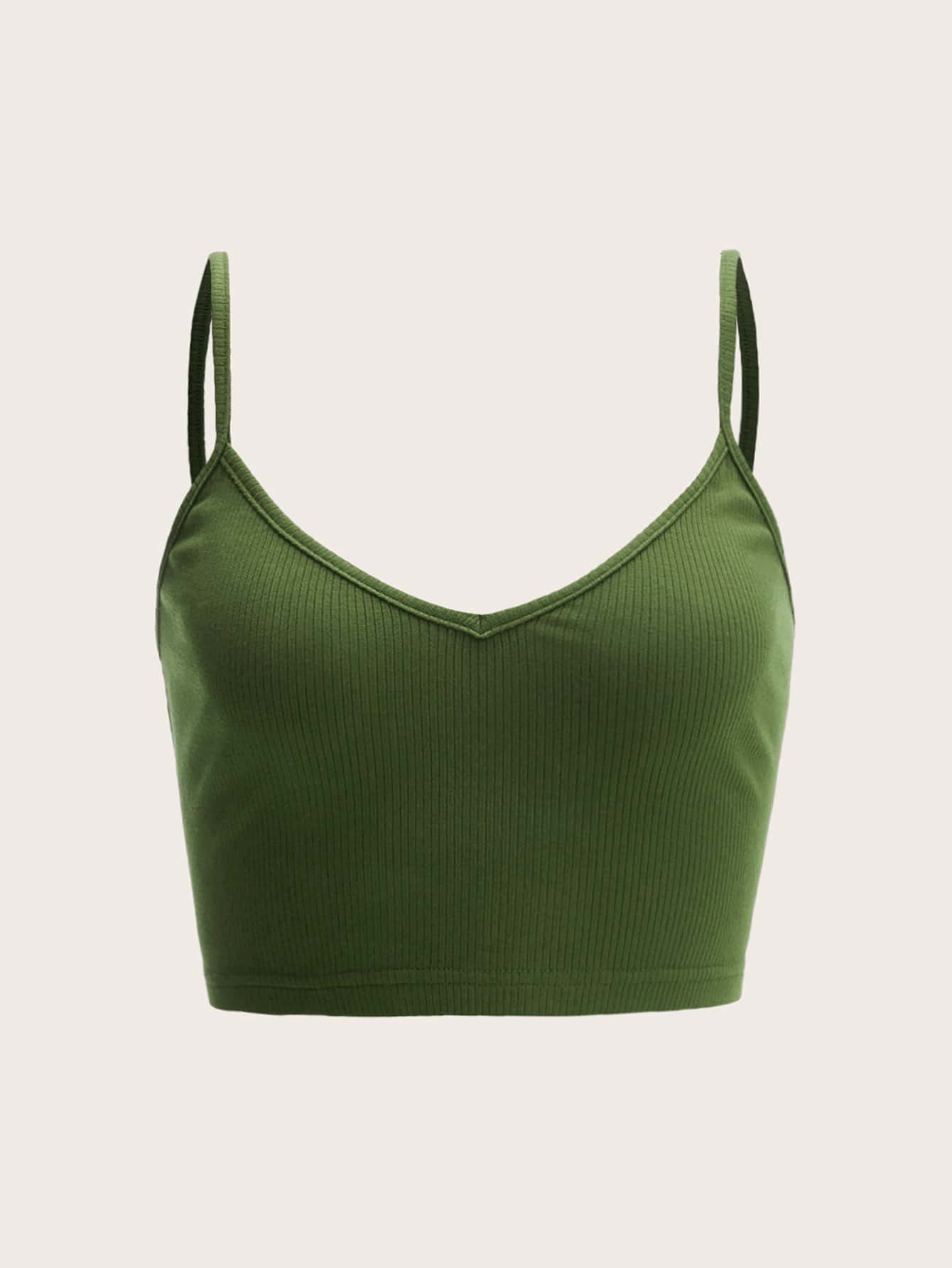 SHEIN EZwear 素色羅紋針織吊帶上衣 - 軍綠色 - 查看 1