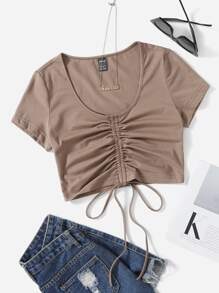 Muchica Solid Drawstring Ruched Tee - Mocha Brown - View 1