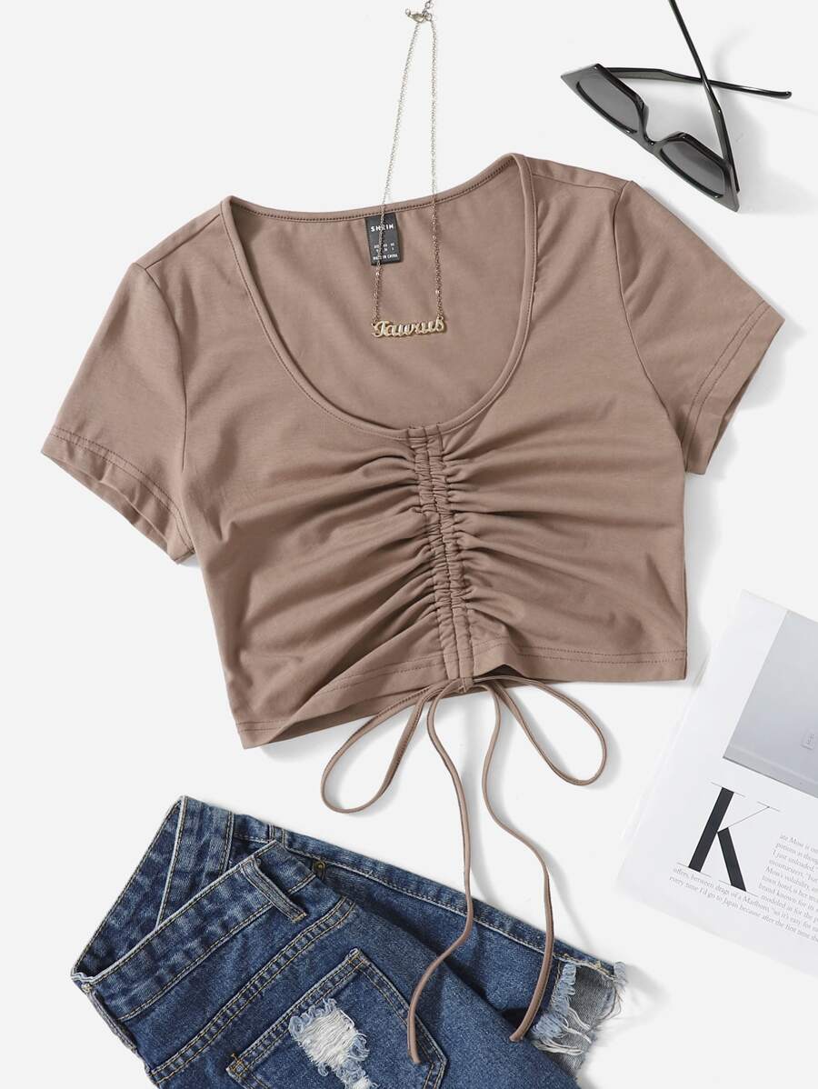 Muchica Solid Drawstring Ruched Tee - Mocha Brown - View 1