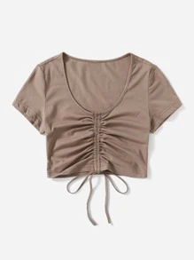 Muchica Solid Drawstring Ruched Tee - Mocha Brown - View 3