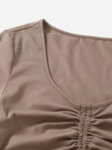 Muchica Solid Drawstring Ruched Tee - Mocha Brown - View 5