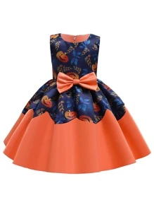 小女童樹葉印花前蝴蝶結萬聖節裝派對禮服