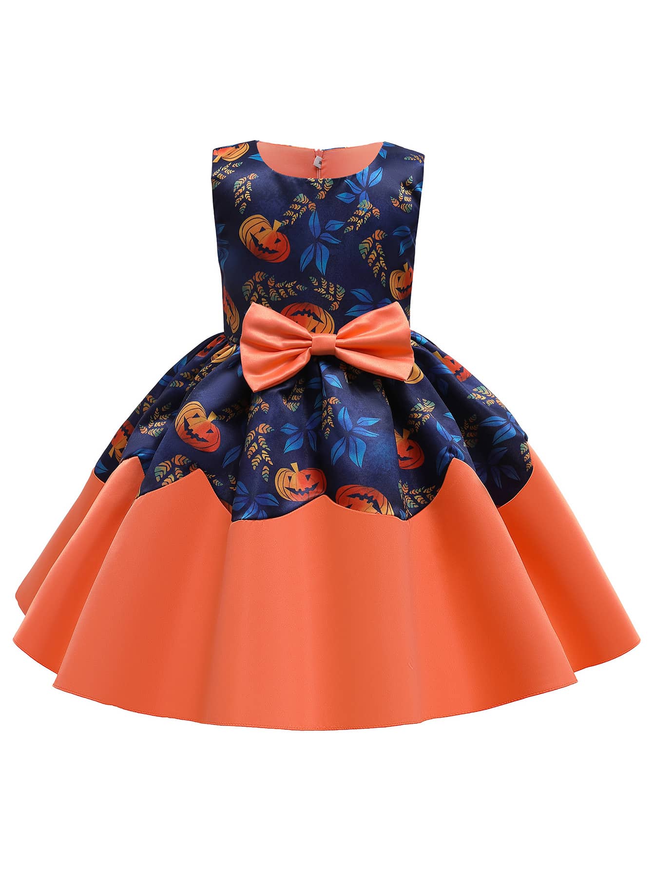 小女童樹葉印花前蝴蝶結萬聖節裝派對禮服