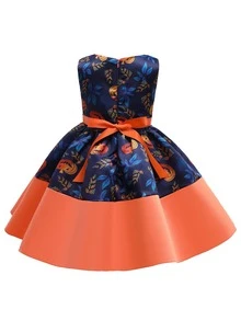 小女童樹葉印花前蝴蝶結萬聖節裝派對禮服