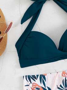 Leaf Print Twist Front Halter Bikini Summer - Multicolor - View 5