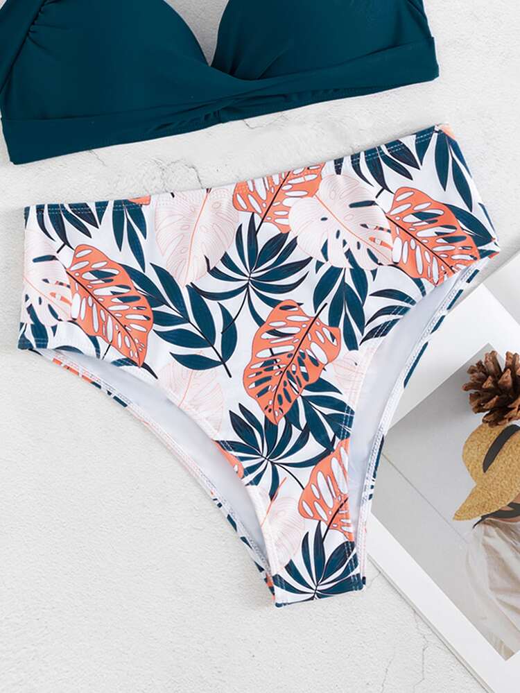 Bikini con estampado de hojas y nudo delantero en el cuello, para el verano - Multicolor - Añade 6