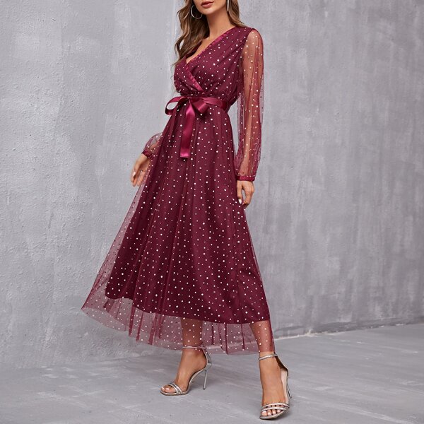 

Contrast Sequin Mesh Overlay Belted Prom Dress, Red