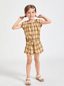 SHEIN Bộ thời trang bé gái Nút phía trước kẻ sọc Giải trí - Nhiều màu - Xem 1