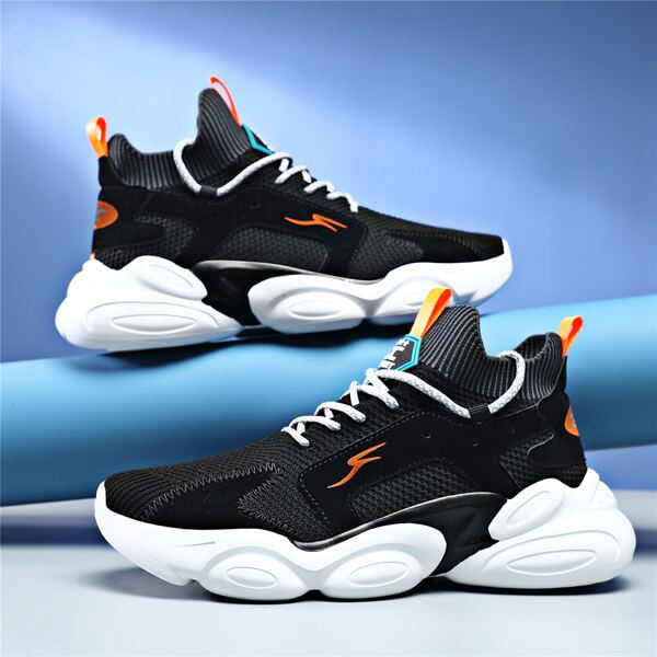 

Men Lace Up Decor Knit Chunky Sneakers, Black