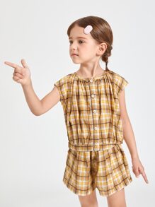 SHEIN Bộ thời trang bé gái Nút phía trước kẻ sọc Giải trí - Nhiều màu - Xem 3