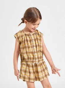 SHEIN Bộ thời trang bé gái Nút phía trước kẻ sọc Giải trí - Nhiều màu - Xem 4