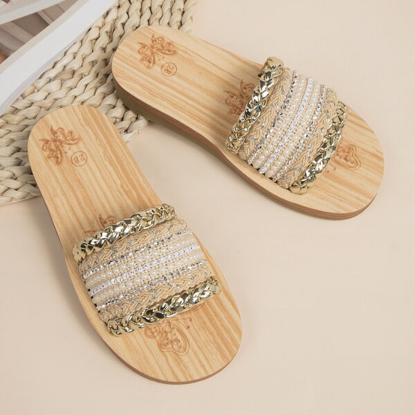 

Girls Faux Pearl & Rhinestone Decor Slide Sandals, Gold