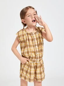 SHEIN Bộ thời trang bé gái Nút phía trước kẻ sọc Giải trí - Nhiều màu - Xem 5