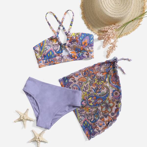 

3pack Girls Floral Print Bikini Swimsuit & Beach Skirt, Multicolor