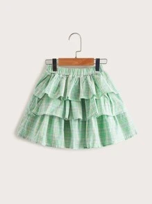 SHEIN 小女童多層下擺格紋半身裙 - 薄荷綠 - 查看 1