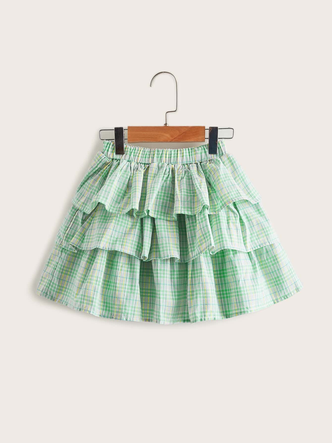 SHEIN 小女童多層下擺格紋半身裙 - 薄荷綠 - 查看 1