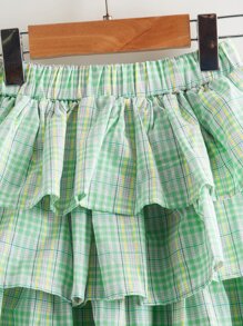 SHEIN 小女童多層下擺格紋半身裙 - 薄荷綠 - 查看 3