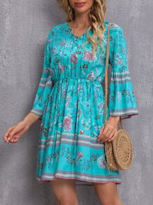 Allover Floral Tie Neck Dress - Blue - View 1
