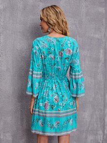 Allover Floral Tie Neck Dress - Blue - View 2