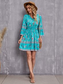 Allover Floral Tie Neck Dress - Blue - View 3