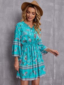 Allover Floral Tie Neck Dress - Blue - View 4
