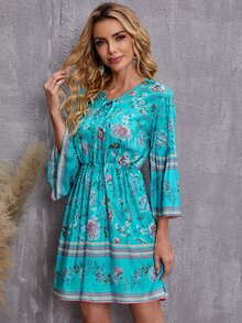 Allover Floral Tie Neck Dress - Blue - View 5