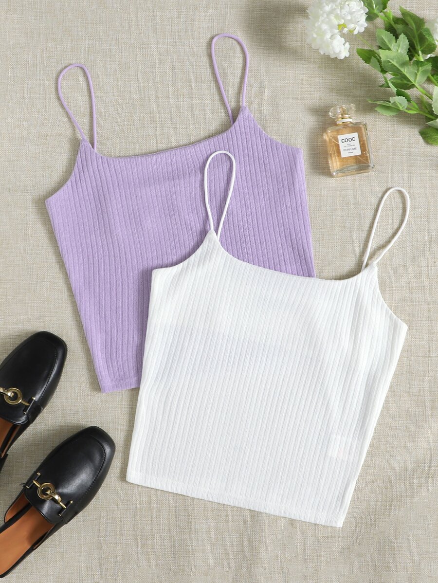 SHEIN Essnce 2 件装罗纹针织吊带背心 - 彩色 - 查看 1