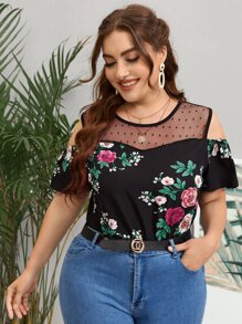SHEIN Clasi Plus Floral Print Mesh Insert Cold Shoulder Blouse - Black - View 1