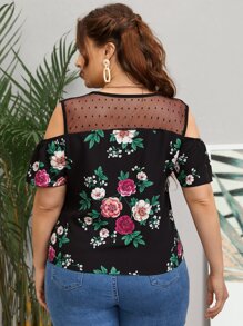 SHEIN Clasi Plus Floral Print Mesh Insert Cold Shoulder Blouse - Black - View 2
