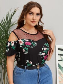 SHEIN Clasi Plus Floral Print Mesh Insert Cold Shoulder Blouse - Black - View 4