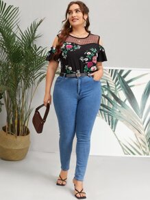 SHEIN Clasi Plus Floral Print Mesh Insert Cold Shoulder Blouse - Black - View 5