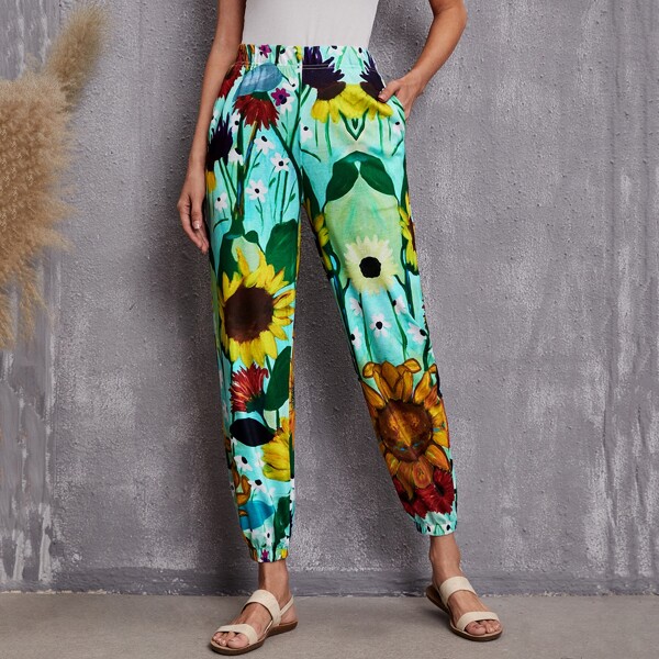 

Sunflower Print Slant Pocket Pants, Multicolor