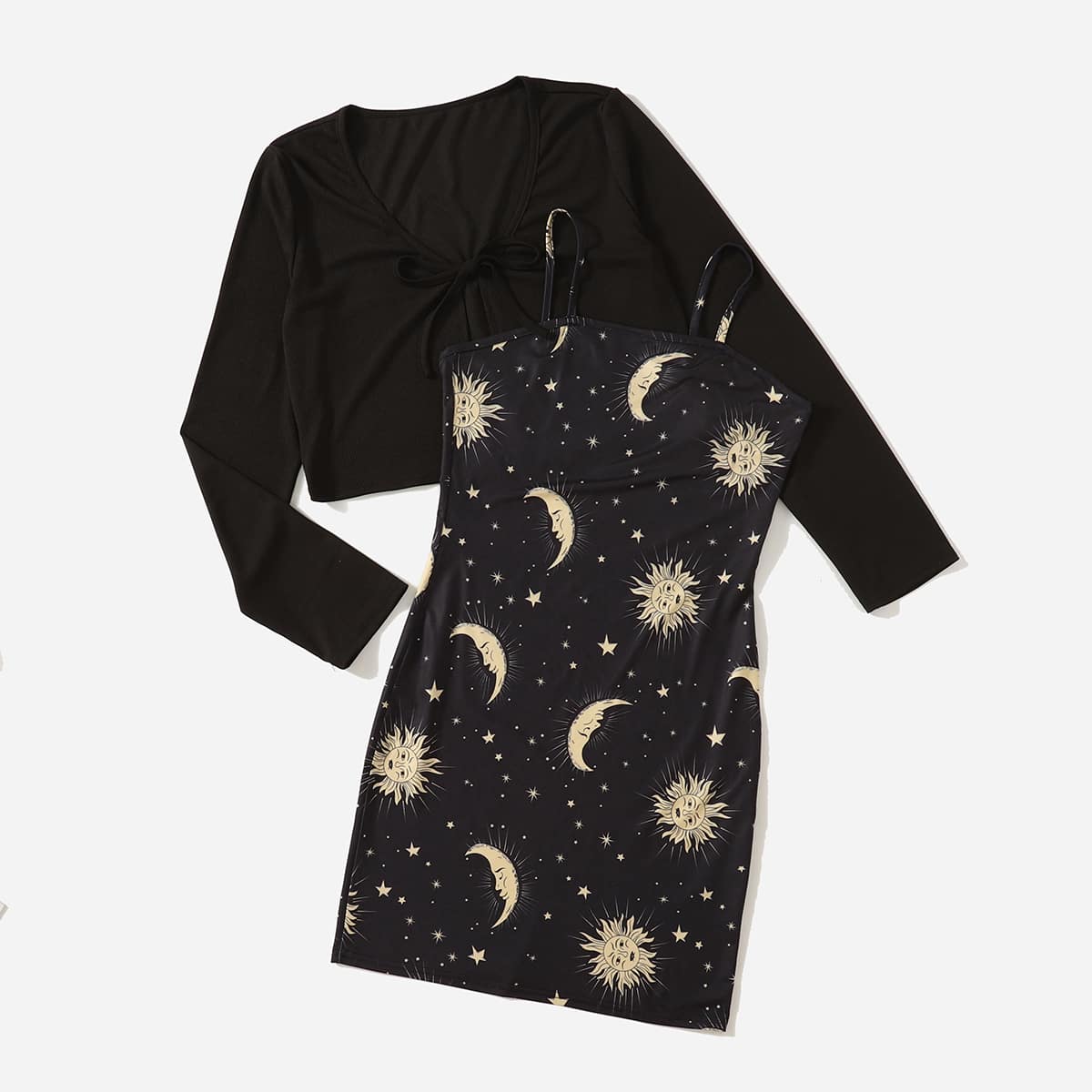 

Solid Tie Front Crop Top & Sun & Moon Graphic Cami Dress, Black