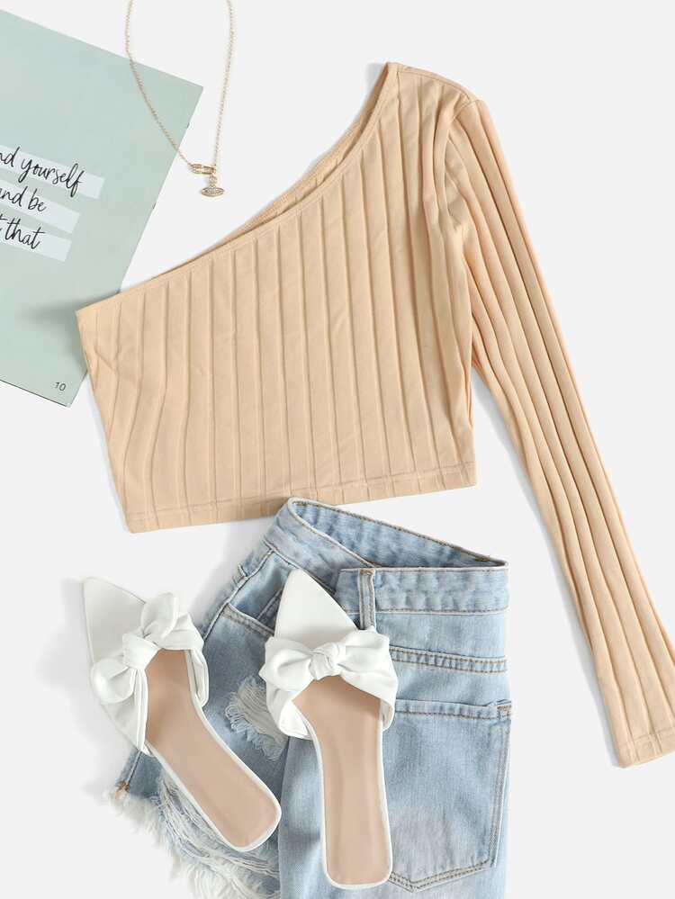 SHEIN EZwear One Shoulder Rib-knit Crop Top - Apricot - View 1