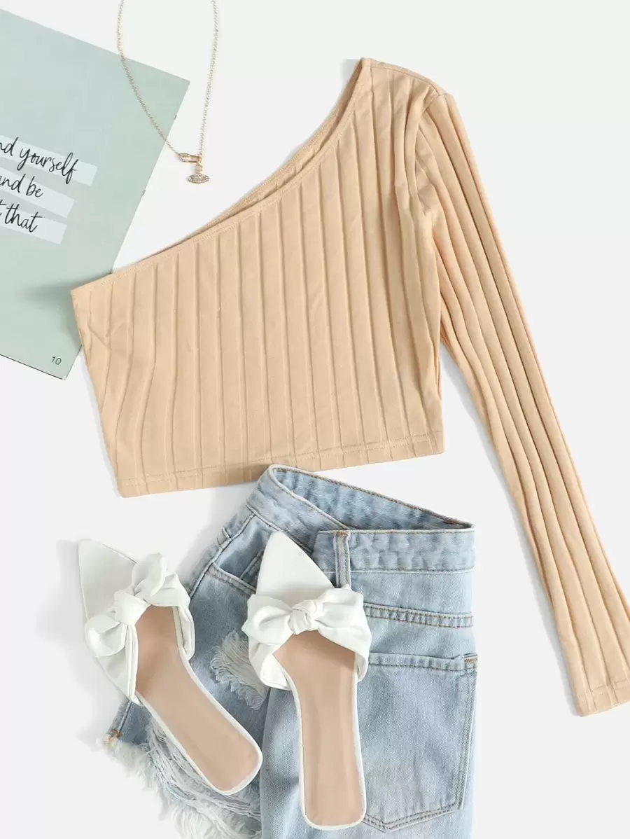 SHEIN EZwear One Shoulder Rib-knit Crop Top - Apricot - View 1