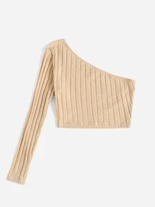 SHEIN EZwear One Shoulder Rib-knit Crop Top - Apricot - View 2