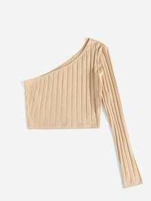 SHEIN EZwear One Shoulder Rib-knit Crop Top - Apricot - View 3