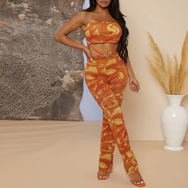 

Marble Print Tube Top & Pants Set, Multicolor